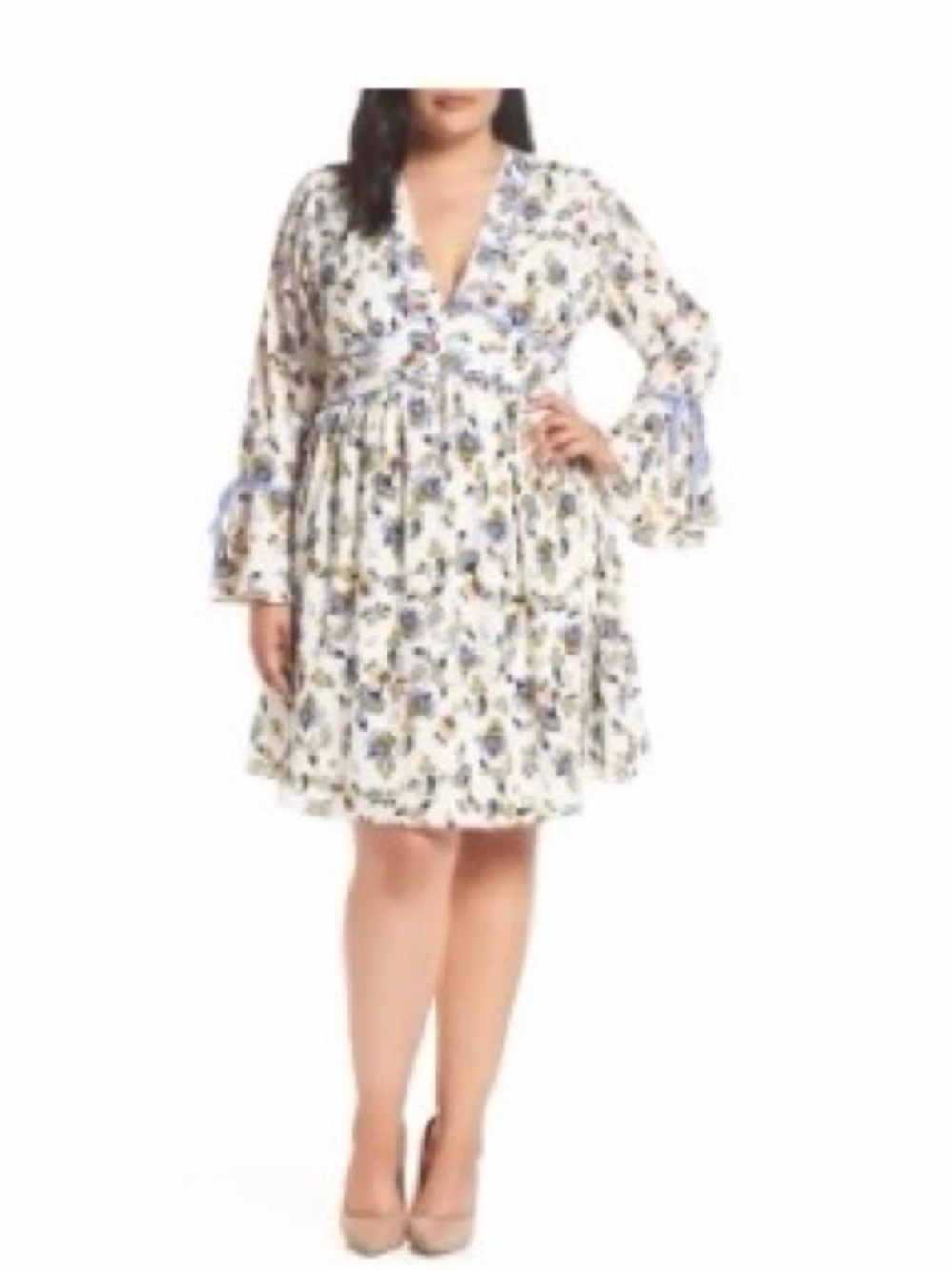 Glamorous White Floral V-Neck Tiered Dress with Blue Accents
